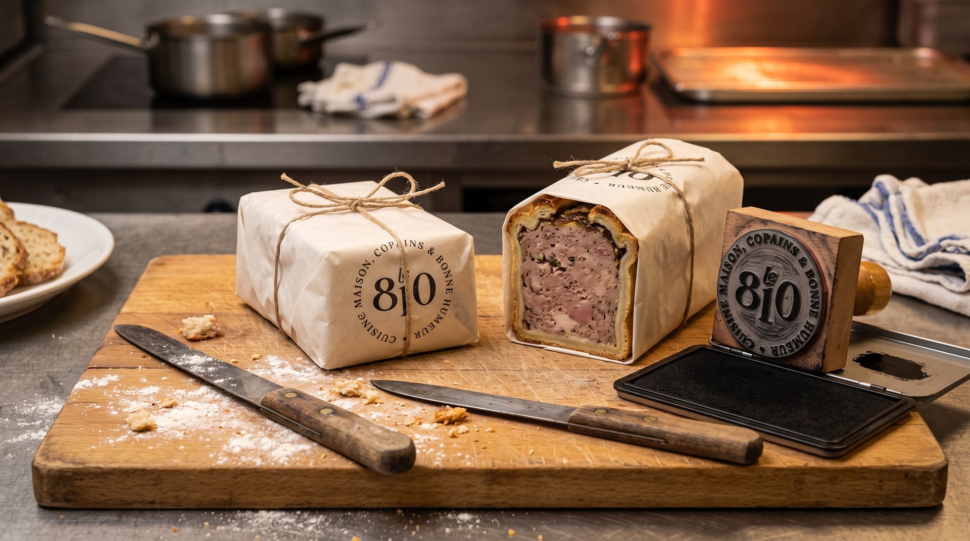 Papier boucher & tampon : mise en situation du logo Le 810